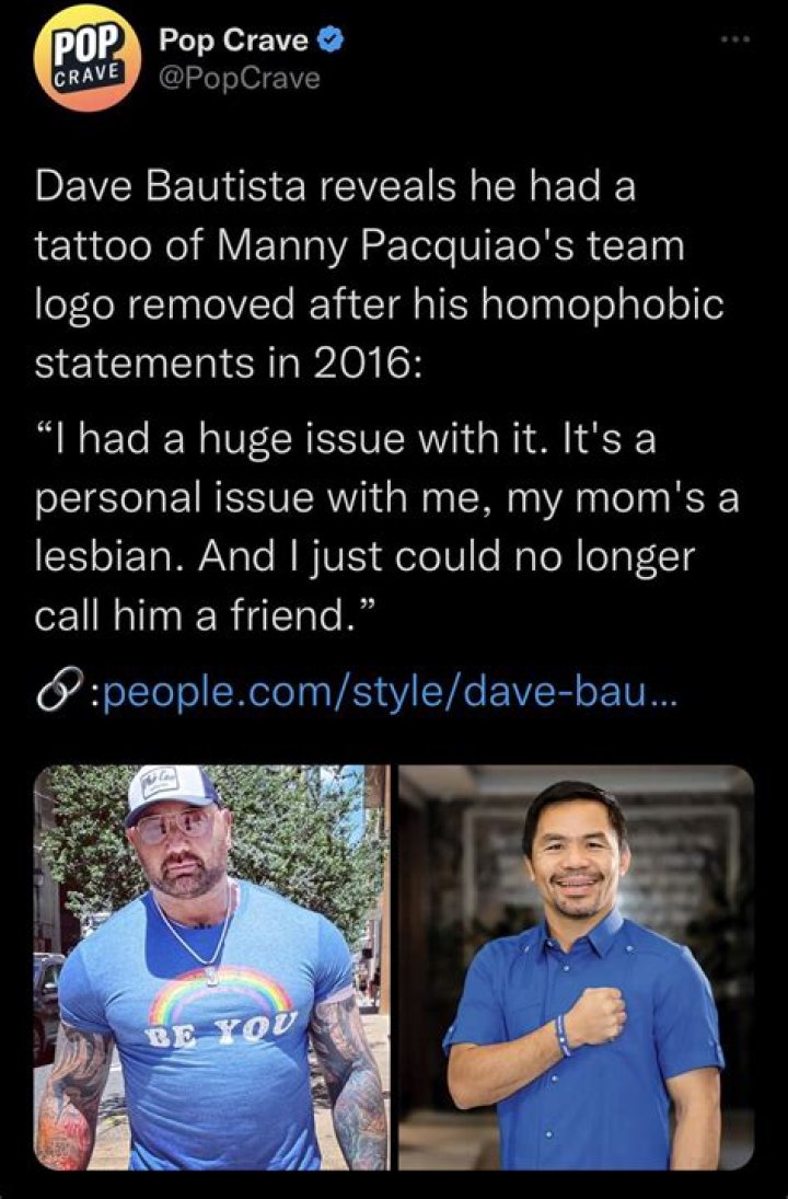 
Dave Bautista Covered Manny Pacquiao Tattoo After Homophobic Statement: ‘It’s a Personal Issue’ 
