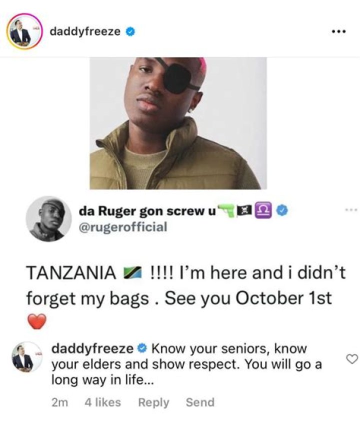 
‘Know your elders and show respect’ – Daddy Freeze chides Ruger for ‘seemingly disrespectful’ statement regarding Kizz Daniel 
