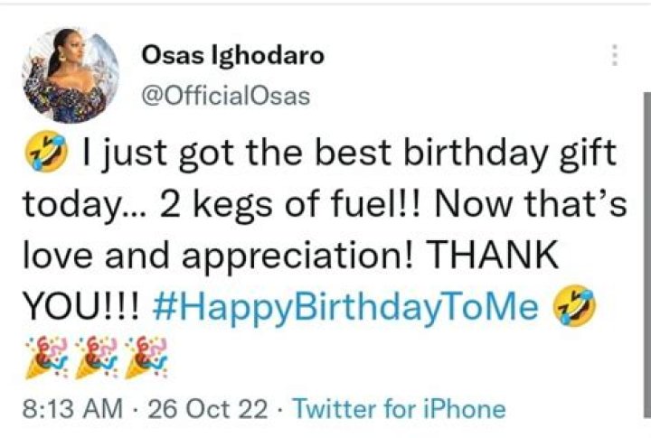 
“The Best Birthday Present” Osas Ighodaro Is Overjoyed After Receiving Two Kegs Of Fuel As A Birthday Gift. 